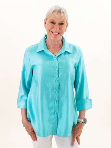 3/4 Sleeve Button Front Shirt Blue Aqua by Multipes