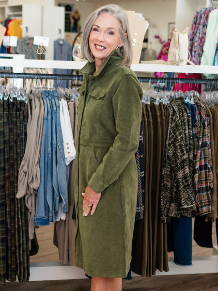 Corduroy Button Dress Olive by Orientique