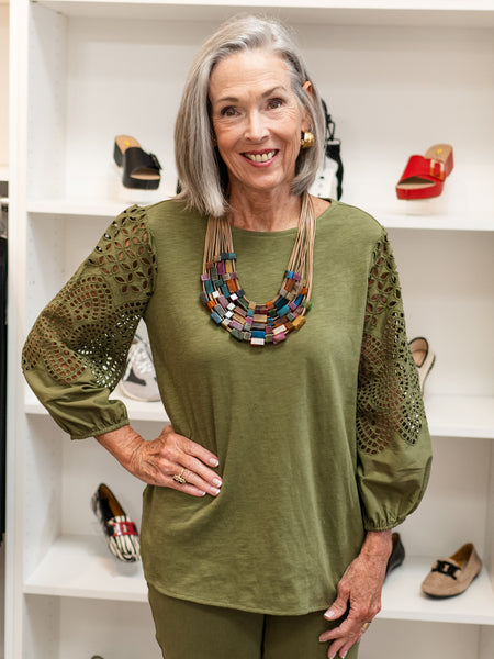 Embroidered Sleeve Slub Knit Top Moss Green by Multiples