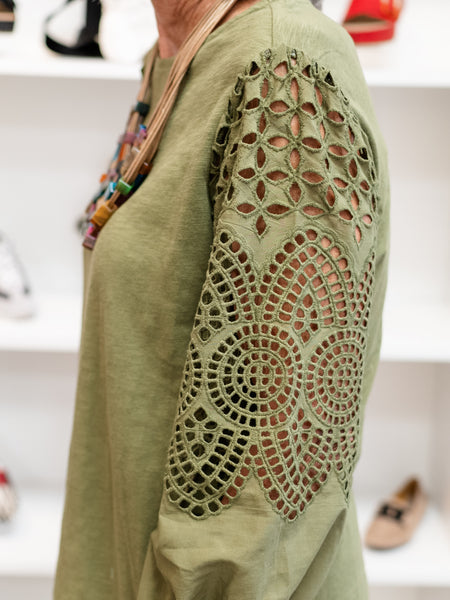 Embroidered Sleeve Slub Knit Top Moss Green by Multiples