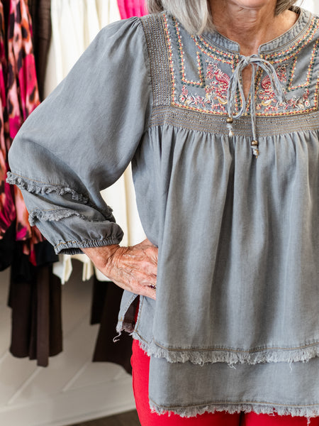 Embroidered Top w/ Fringe Trim by Multiples