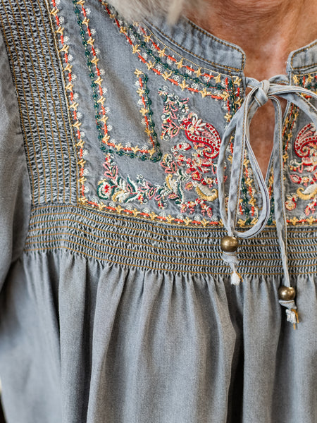 Embroidered Top w/ Fringe Trim by Multiples