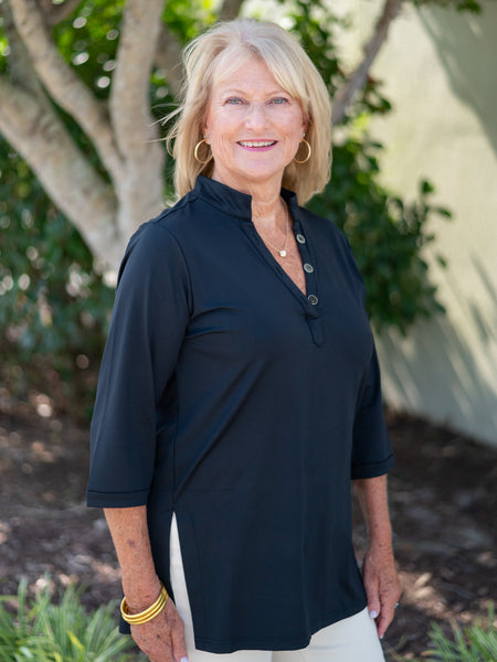 Button V-Neck Tunic Black by Lulu B