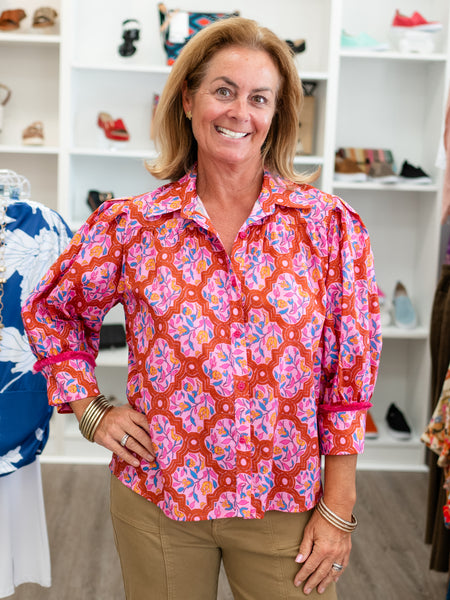 3/4 Sleeve Floral Button-Up by Tru Luxe