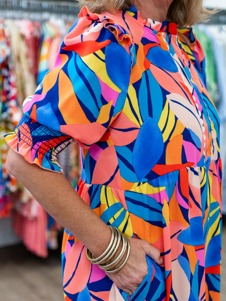 Ruffled Notch Neck Maxi Dress Royal/Peach by Coastal Couture