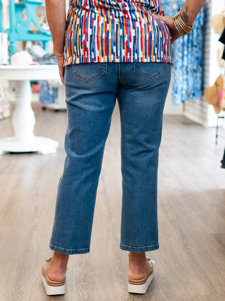 Pintuck Flare Leg Crop Jean Medium Indigo by Multiples