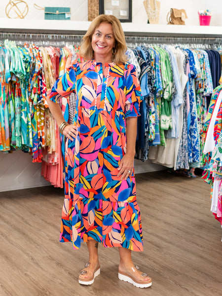 Ruffled Notch Neck Maxi Dress Royal/Peach by Coastal Couture