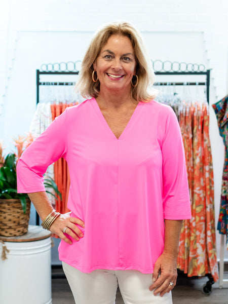 3/4 Sleeve V-Neck Hot Pink by Lulu B