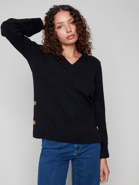 Wide Cuff V-Neck w/ Side Buttons Black by Charlie B