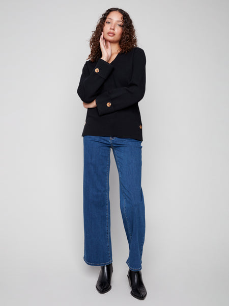 Wide Cuff V-Neck w/ Side Buttons Black by Charlie B