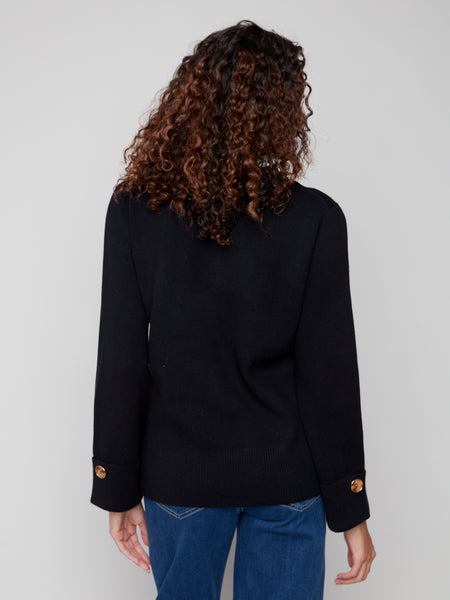 Wide Cuff V-Neck w/ Side Buttons Black by Charlie B