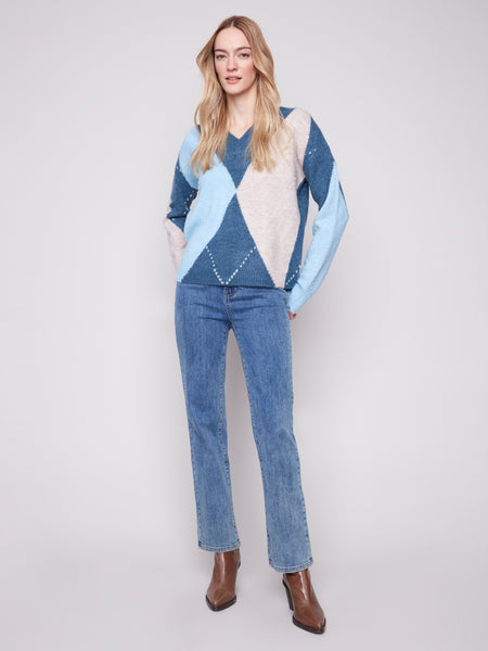 V-Neck Argyle Jacquard Sweater by Charlie B