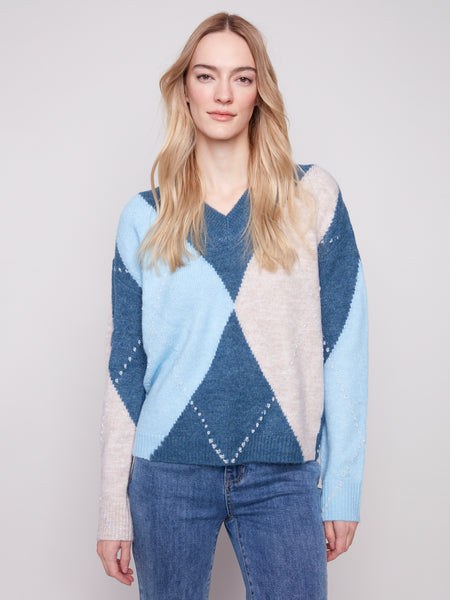 V-Neck Argyle Jacquard Sweater by Charlie B
