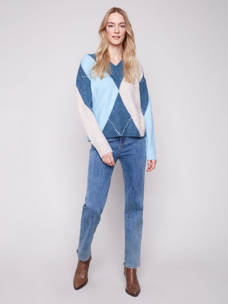 V-Neck Argyle Jacquard Sweater by Charlie B