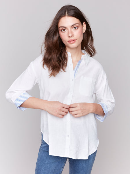 Linen Blend Shirt with Striped Cuffs White by Charlie B