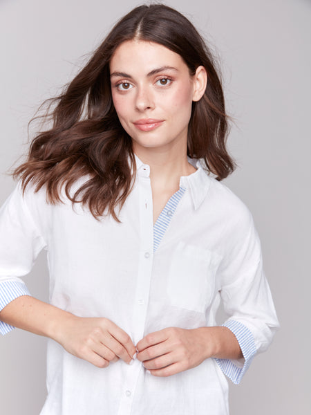 Linen Blend Shirt with Striped Cuffs White by Charlie B