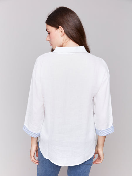 Linen Blend Shirt with Striped Cuffs White by Charlie B