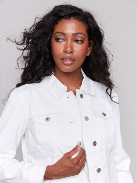 Twill Jean Jacket w/ Frayed Edges White by Charlie B