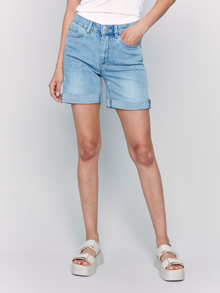 Rolled Cuff Denim Shorts Lt Blue by Charlie B