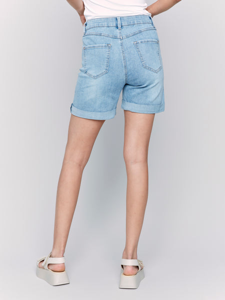 Rolled Cuff Denim Shorts Lt Blue by Charlie B