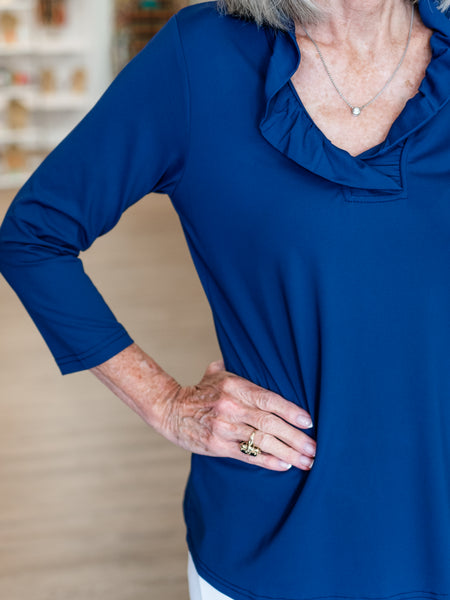 Ruffle Neck 3/4 Sleeve Top Navy by Lulu B