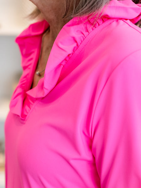 Ruffle Neck 3/4 Sleeve Top Hot Pink by Lulu B