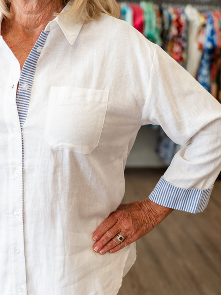 Linen Blend Shirt with Striped Cuffs White by Charlie B