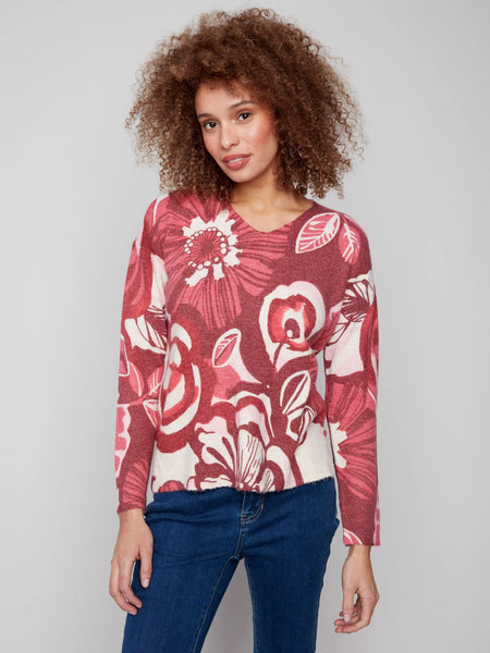 Plushy Printed V-Neck Sweater Vibrant by Charlie B