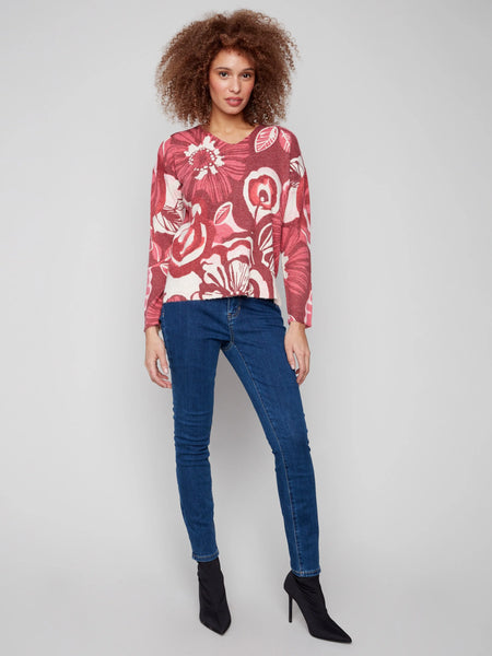 Plushy Printed V-Neck Sweater Vibrant by Charlie B