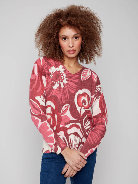 Plushy Printed V-Neck Sweater Vibrant by Charlie B