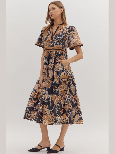 Floral Print Short Sleeve Midi Dress Brown by Entro