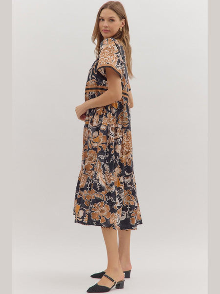 Floral Print Short Sleeve Midi Dress Brown by Entro