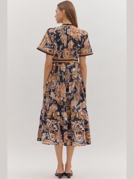 Floral Print Short Sleeve Midi Dress Brown by Entro