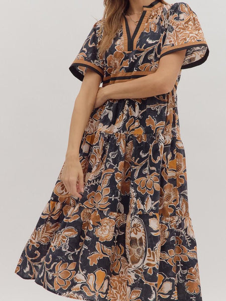 Floral Print Short Sleeve Midi Dress Brown by Entro