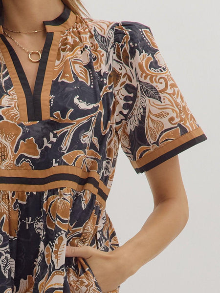Floral Print Short Sleeve Midi Dress Brown by Entro