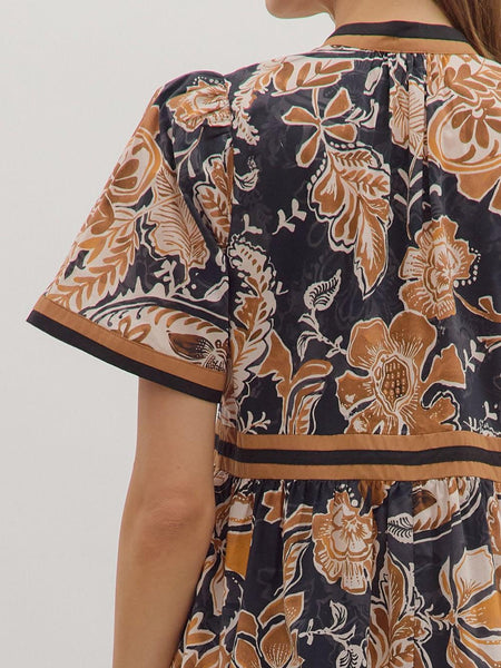 Floral Print Short Sleeve Midi Dress Brown by Entro