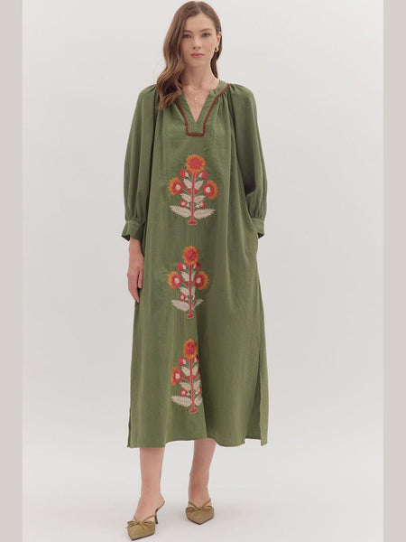 Embroidered Floral Long Sleeve Maxi Dress Olive by Entro