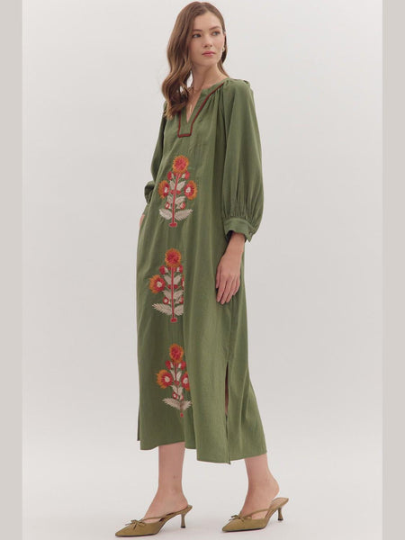 Embroidered Floral Long Sleeve Maxi Dress Olive by Entro