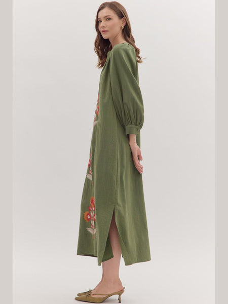 Embroidered Floral Long Sleeve Maxi Dress Olive by Entro