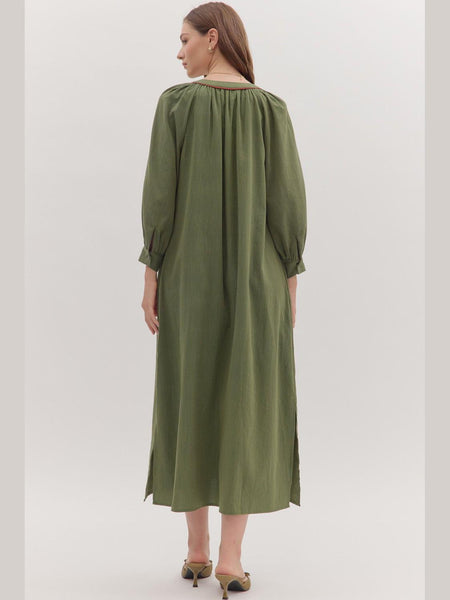 Embroidered Floral Long Sleeve Maxi Dress Olive by Entro