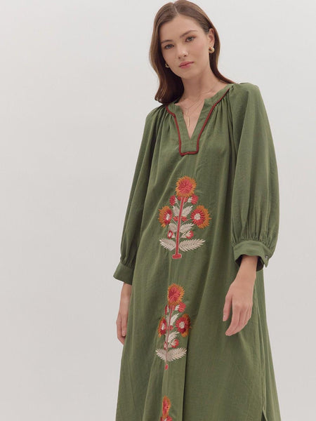 Embroidered Floral Long Sleeve Maxi Dress Olive by Entro