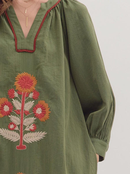 Embroidered Floral Long Sleeve Maxi Dress Olive by Entro