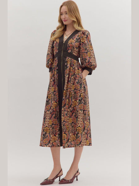 Paisley Print Puff Sleeve Midi Dress Black by Entro
