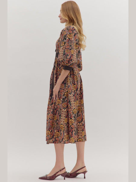 Paisley Print Puff Sleeve Midi Dress Black by Entro