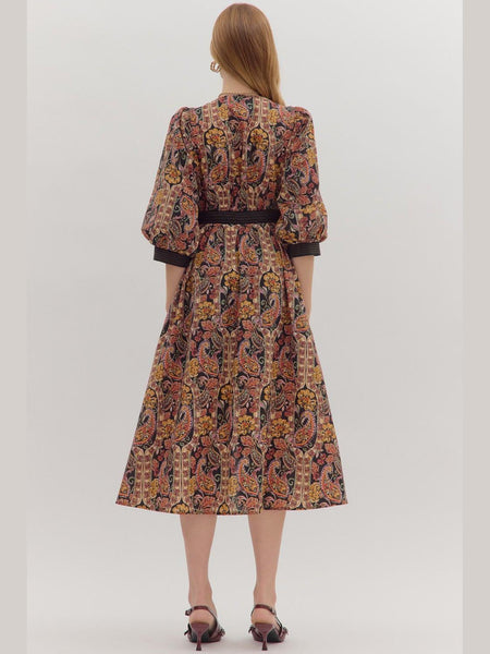 Paisley Print Puff Sleeve Midi Dress Black by Entro