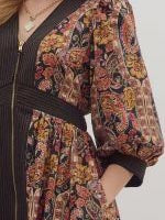 Paisley Print Puff Sleeve Midi Dress Black by Entro