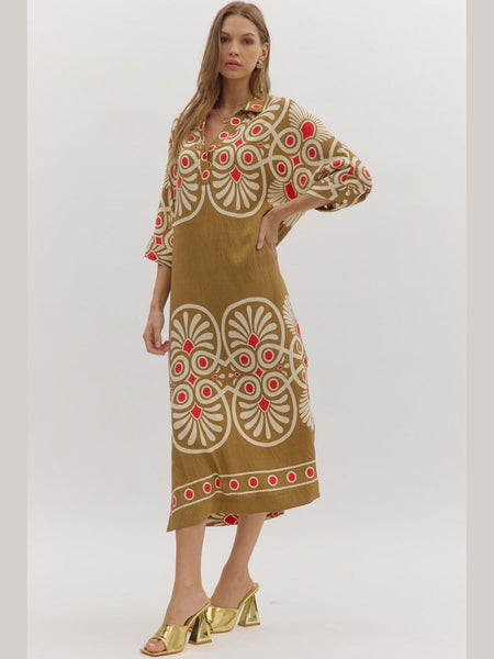 Geometric Print Half Sleeve Midi Dress Camel by Entro