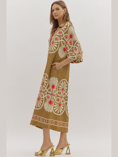 Geometric Print Half Sleeve Midi Dress Camel by Entro