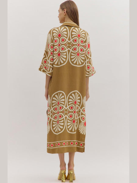 Geometric Print Half Sleeve Midi Dress Camel by Entro