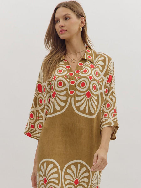 Geometric Print Half Sleeve Midi Dress Camel by Entro